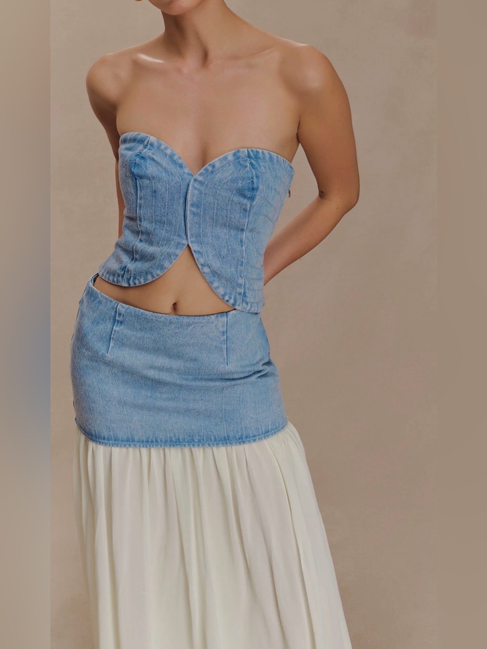 Strapless topstitch denim top